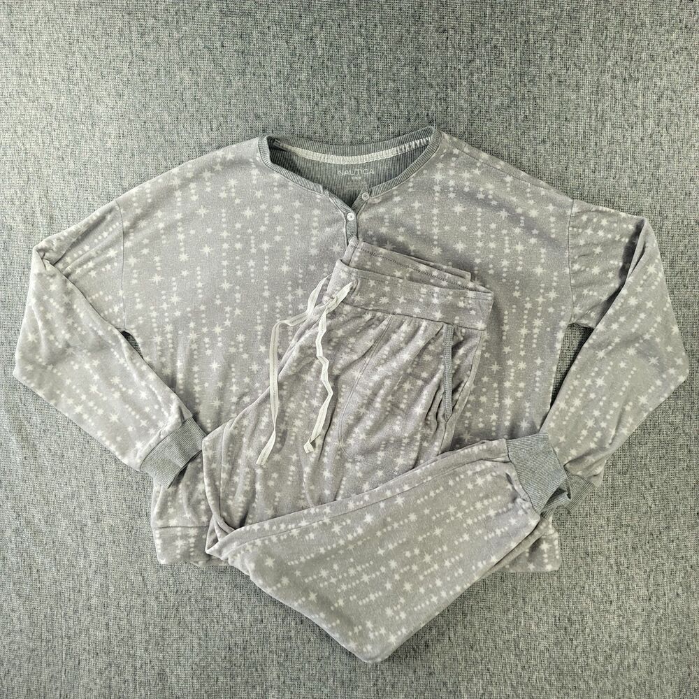 Nautica Pajamas Set Womens Medium M Gray White Print Fleece Sleepwear 2 Pc